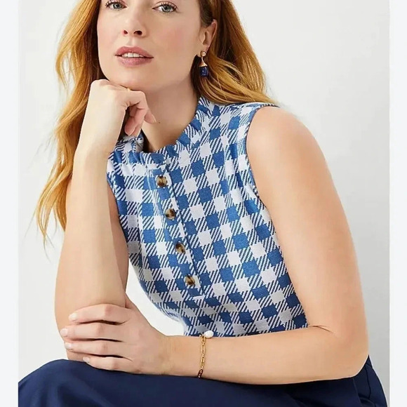 Ann Taylor, New, Blue & White Plaid Ruffle Neck Button Shell Knit Top Size XL - Picture 3 of 11